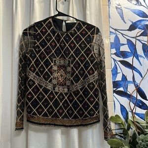 Women’s Zara Basic Collection Black Embroidered Embellished Long Sleeve Top S